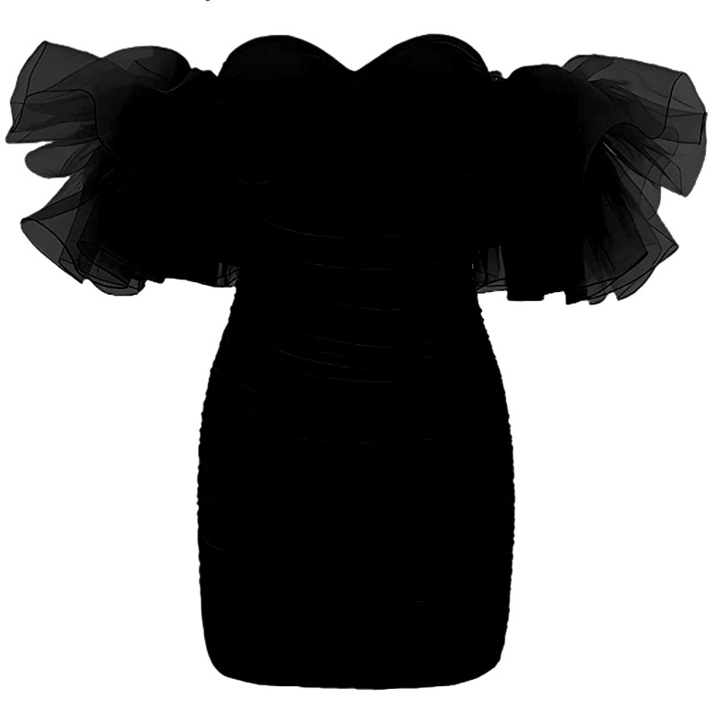 80s vintage style scrunchie dress with off-the-shoulder pom sleeves. Like new.